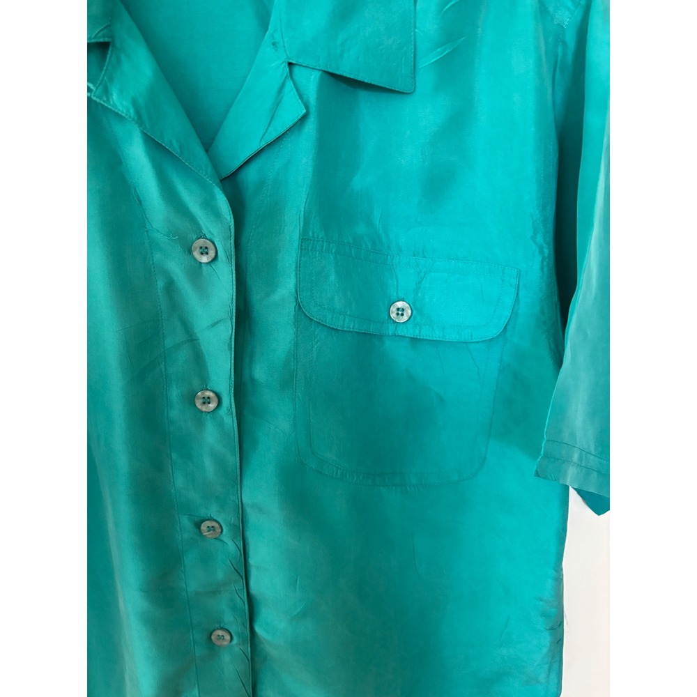 Christie & Jill Vintage 100% Silk Short Sleeve Blouse Teal Green Button Down M - Picture 2 of 5